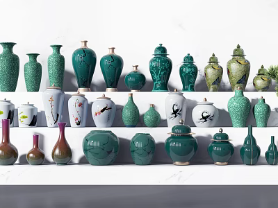 Various Green And White Ceramic Vessels With Decorative Patterns On 3d model