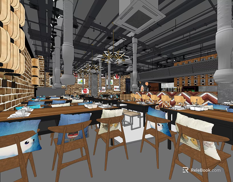 Modern Restaurant Interior With Wooden Tables Chairs Hanging Lights And Decorative Walls 3d model 