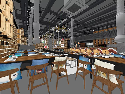 Modern Restaurant Interior With Wooden Tables Chairs Hanging Lights And Decorative Walls 3d model