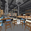 Modern Restaurant Interior With Wooden Tables Chairs Hanging Lights And Decorative Walls