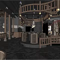 Traditional Hotpot Restaurant Interior With Wooden Railings Round Tables And Warm Lighting