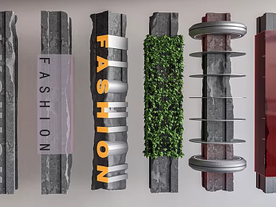 Decorative Pillars In Different Styles With Fashion Text Green Plants And Metal Rings Design 3d model