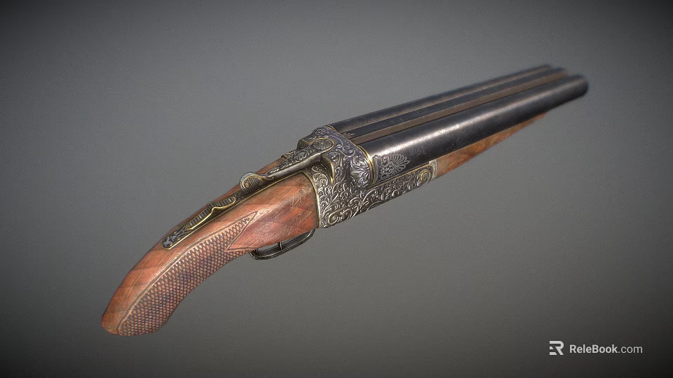 Vintage Shotgun With Engraved Metal Double Barrel And Wooden Stock 3d model 