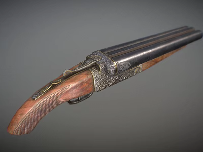 Vintage Shotgun With Engraved Metal Double Barrel And Wooden Stock 3d model
