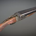 Vintage Shotgun With Engraved Metal Double Barrel And Wooden Stock