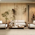 Chinese Style Living Room Interior With Landscape Painting Wall Solid Wood Sofa And Green Plants