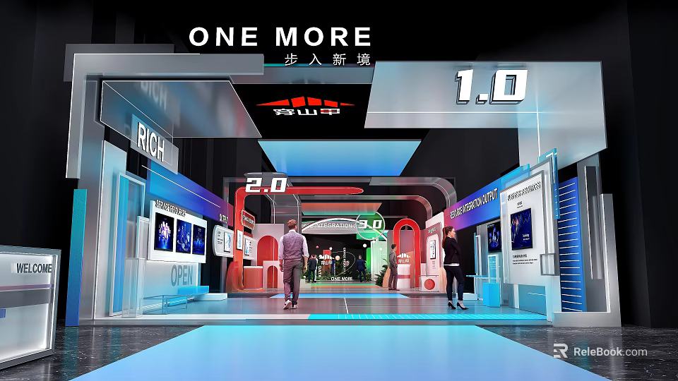 ONE MORE Exhibition Interior With 1.0 2.0 3.0 Tech Displays And People Walking 3d model 