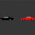 Three Red And Black Toy Cars With Open Hoods Displaying Engine Details