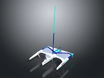 Modern Trimaran Sailboat Model With White Hulls Blue Accents And Tall Mast 3d model