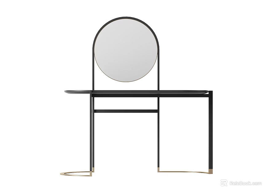 Modern Dressing Table With Round Mirror Black Frame And Golden Accents 3d model
