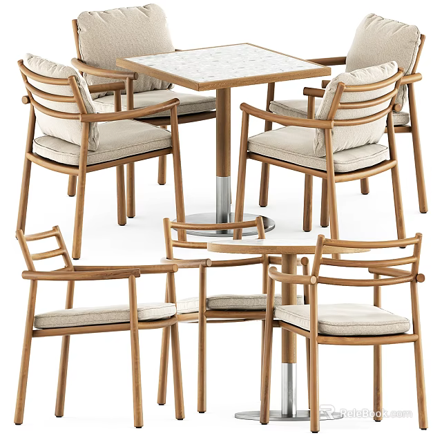 Modern Wooden Dining Table and Chair Set With Beige Cushions and Metal Legs 3d model 