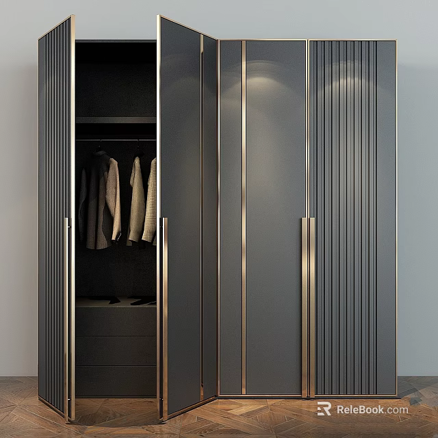 Modern Luxury Wardrobe With Dark Finish And Gold Metal Handles For Clothing Storage 3d model 