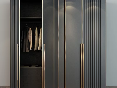 Modern Luxury Wardrobe With Dark Finish And Gold Metal Handles For Clothing Storage 3d model
