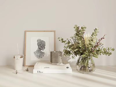 Decorative Ornament Combination With Framed Portrait Stacked Books Candle And Eucalyptus Bouquet In Glass Vase 3d model
