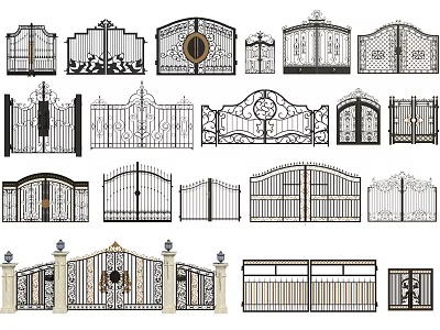 Wrought Iron Entry Gates With Various Ornate Designs And Scrollwork Patterns 3d model