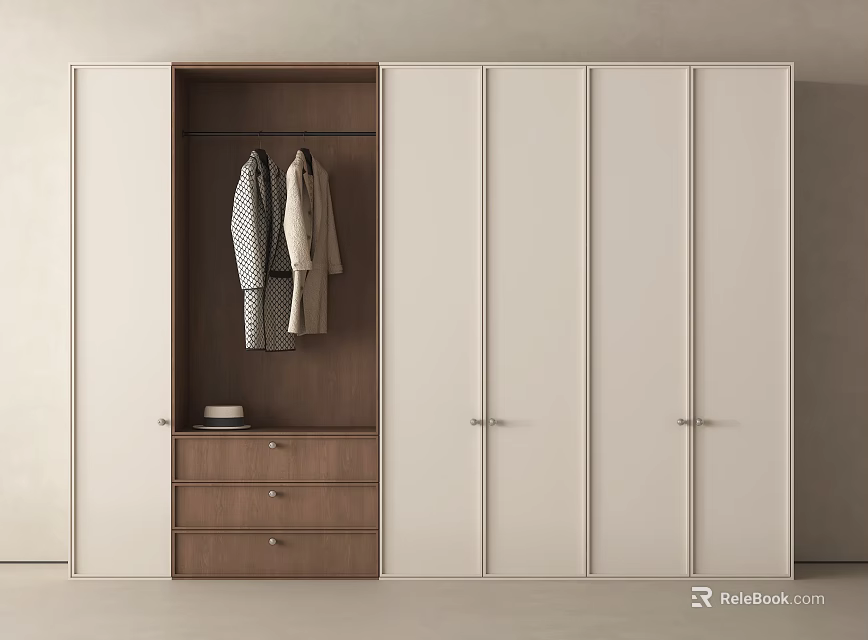 Modern White And Wooden Wardrobe With Open Section Hanging Clothes And Drawers 3d model 