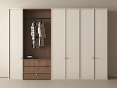 Modern White And Wooden Wardrobe With Open Section Hanging Clothes And Drawers 3d model