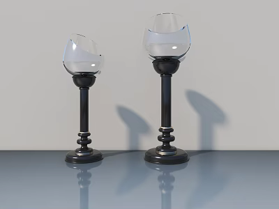 Two Table Lamps With Glass Shades And Black Spiral Bases On Smooth Tabletop 3d model