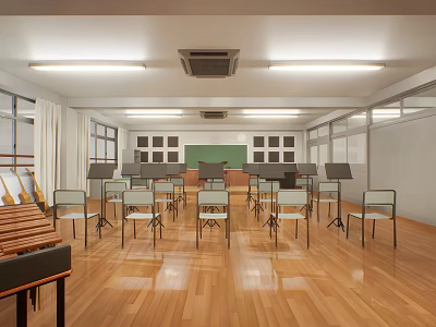 Music Classroom Interior With Piano Wooden Floor Chairs Blackboard And Windows 3d model