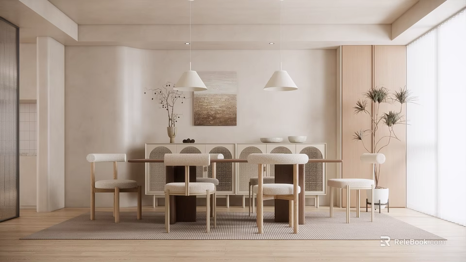 Modern Restaurant Interior With Light Colored Walls Wooden Dining Table And White Pendant Lights 3d model 