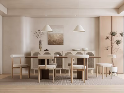 Modern Restaurant Interior With Light Colored Walls Wooden Dining Table And White Pendant Lights 3d model
