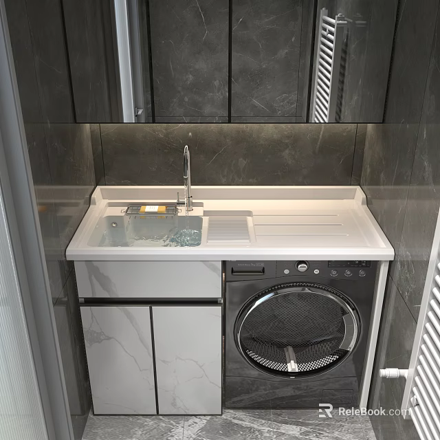 Modern Bathroom Vanity Unit With Sink Countertop And Integrated Washing Machine 3d model 