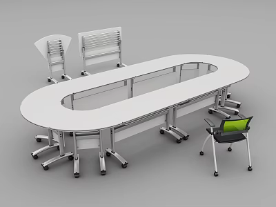 Modern Office Table Chair Set With Oval White Tabletop And Wheeled Chairs 3d model