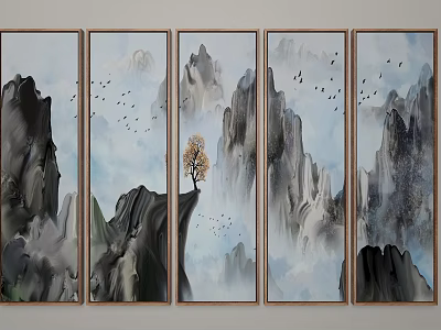 Five Panel Mountain Landscape Painting With Single Tree Flying Birds And Mist 3d model