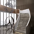 Modern Elegant Staircase With Metal Railings Stone Steps Large Windows City View Sculpture