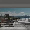Modern Cozy Living Room With Sofa Armchair Coffee Table And Sea Mountain View