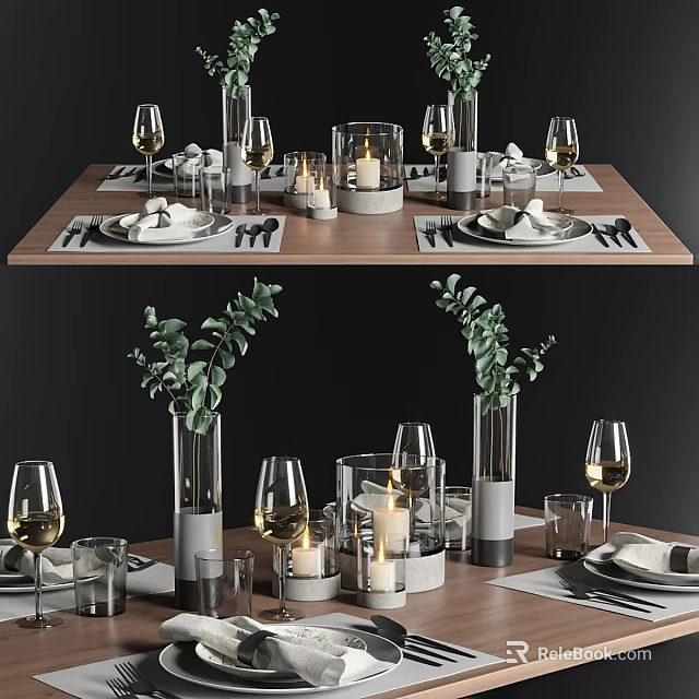 Elegant Dinnerware Set with Wine Glasses Eucalyptus Vases and Candles for Table Setting 3d model 