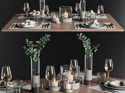 Elegant Dinnerware Set with Wine Glasses Eucalyptus Vases and Candles for Table Setting 3d model