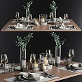 Elegant Dinnerware Set with Wine Glasses Eucalyptus Vases and Candles for Table Setting