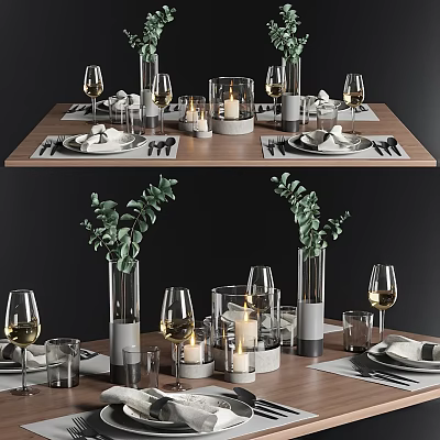 Elegant Dinnerware Set with Wine Glasses Eucalyptus Vases and Candles for Table Setting 3d model