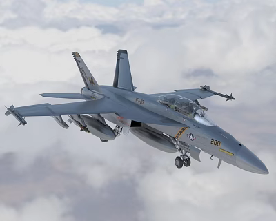 Military Fighter Jet Flying Through Clouds With Mounted Weapons And Visible Markings 3d model