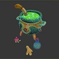 Colorful Cauldron With Green Liquid Wooden Spoon Potion Bottle Small Crab Toy And Ginger Root