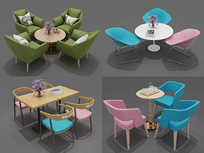 Colorful Round And Square Table And Chair Sets With Vase And Books 3d model