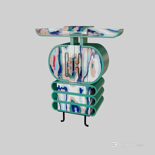 Colorful Modern Side Table With Marble Pattern Cabinet Doors And Layered Shelves 3d model 