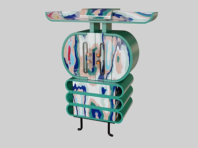 Colorful Modern Side Table With Marble Pattern Cabinet Doors And Layered Shelves 3d model