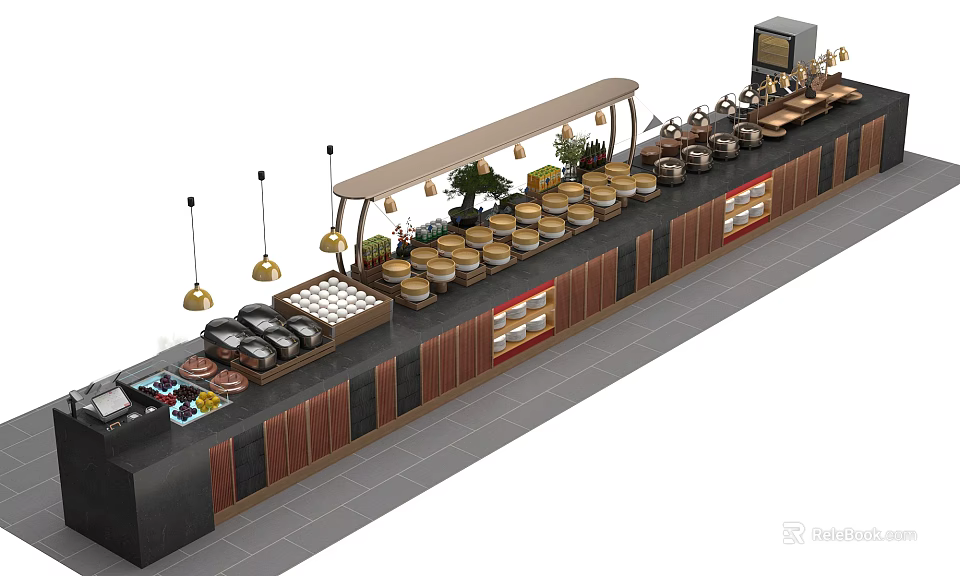 Buffet Dining Table With Food Display Hanging Lights Green Plants Wooden Counter Black Accents 3d model 