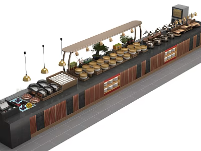 Buffet Dining Table With Food Display Hanging Lights Green Plants Wooden Counter Black Accents 3d model