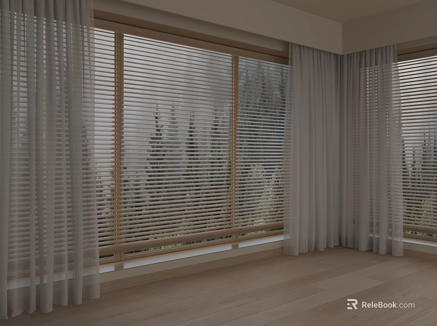 Modern Interior With Window Blinds Curtains And Wooden Floor Natural View 3d model 