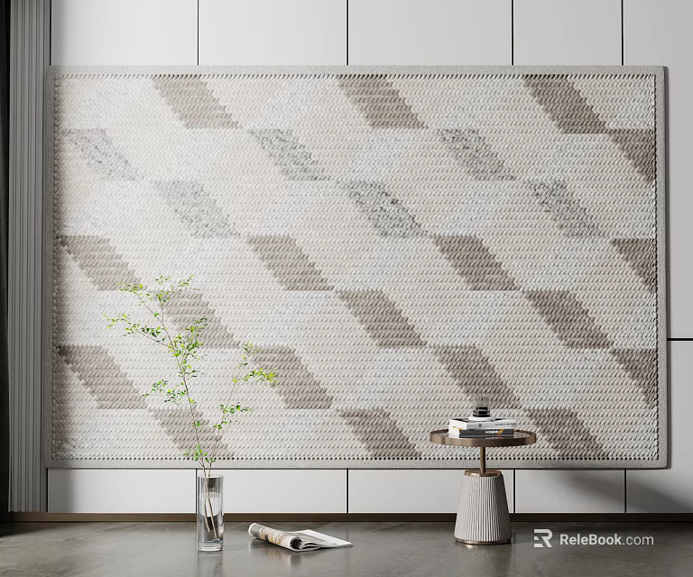 Gray White Diamond Pattern Square Rug Woven Design for Living Room with Decorative Vase 3d model 