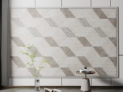 Gray White Diamond Pattern Square Rug Woven Design for Living Room with Decorative Vase 3d model