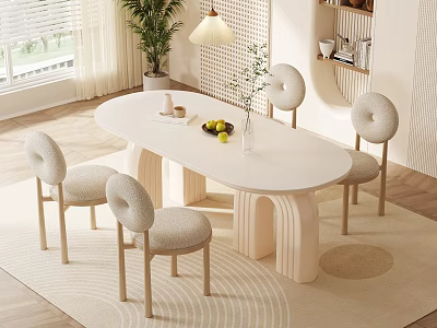 Modern White Oval Dining Table And Four Round Backrest Chairs With Green Plant Pendant Light 3d model