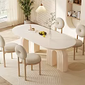 Modern Cream Style Dining Table and Chair Combination Fabric Backrest Chair Book Ornaments Potted Plant Decorative Painting Carpet 3d model