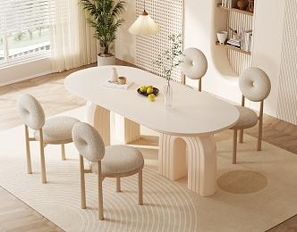 Modern Cream Style Dining Table and Chair Combination Fabric Backrest Chair Book Ornaments Potted Plant Decorative Painting Carpet 3d model