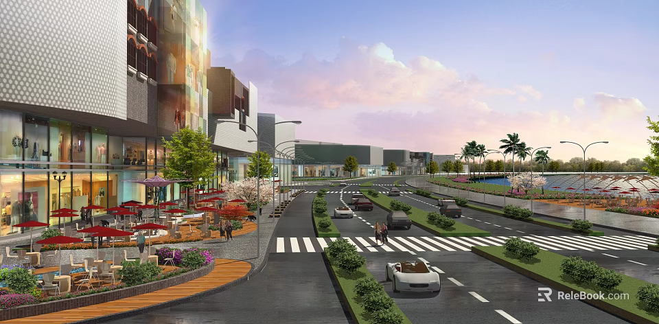 Vibrant Commercial Street With Modern Buildings Shops Pedestrians Cars Outdoor Seating And Greenery 3d model 