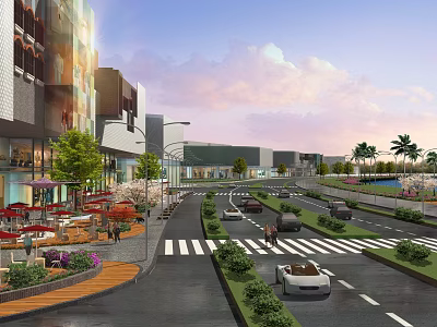 Vibrant Commercial Street With Modern Buildings Shops Pedestrians Cars Outdoor Seating And Greenery 3d model