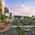 Vibrant Commercial Street With Modern Buildings Shops Pedestrians Cars Outdoor Seating And Greenery
